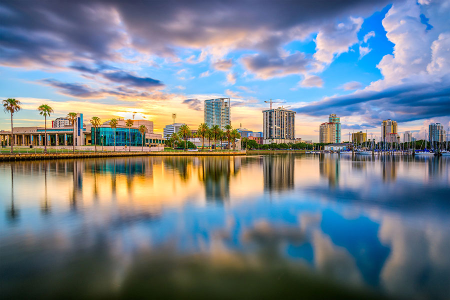 Florida at sunset in St Petersburg over the water.