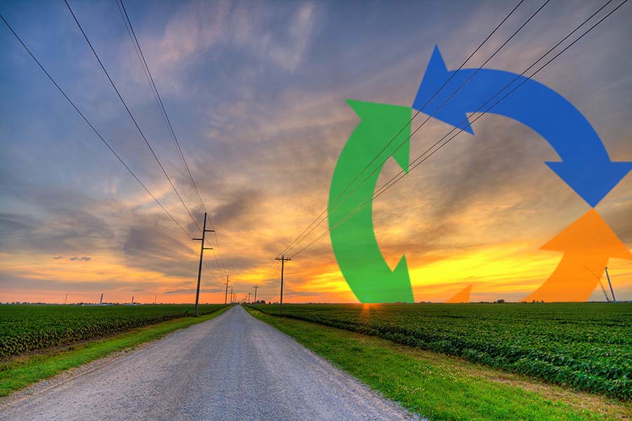 A sunset over a crop field with the Conexon icon rising like the sun.