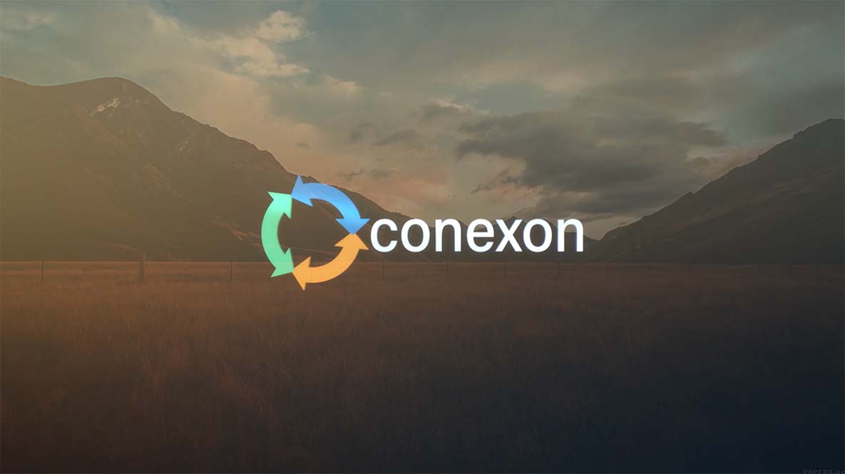 An open field with a mountain range background with the Conexon logo in the middle.