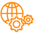Orange globe with two gears in front icon