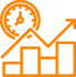 Orange bar graph with a arrow going up with a clock icon
